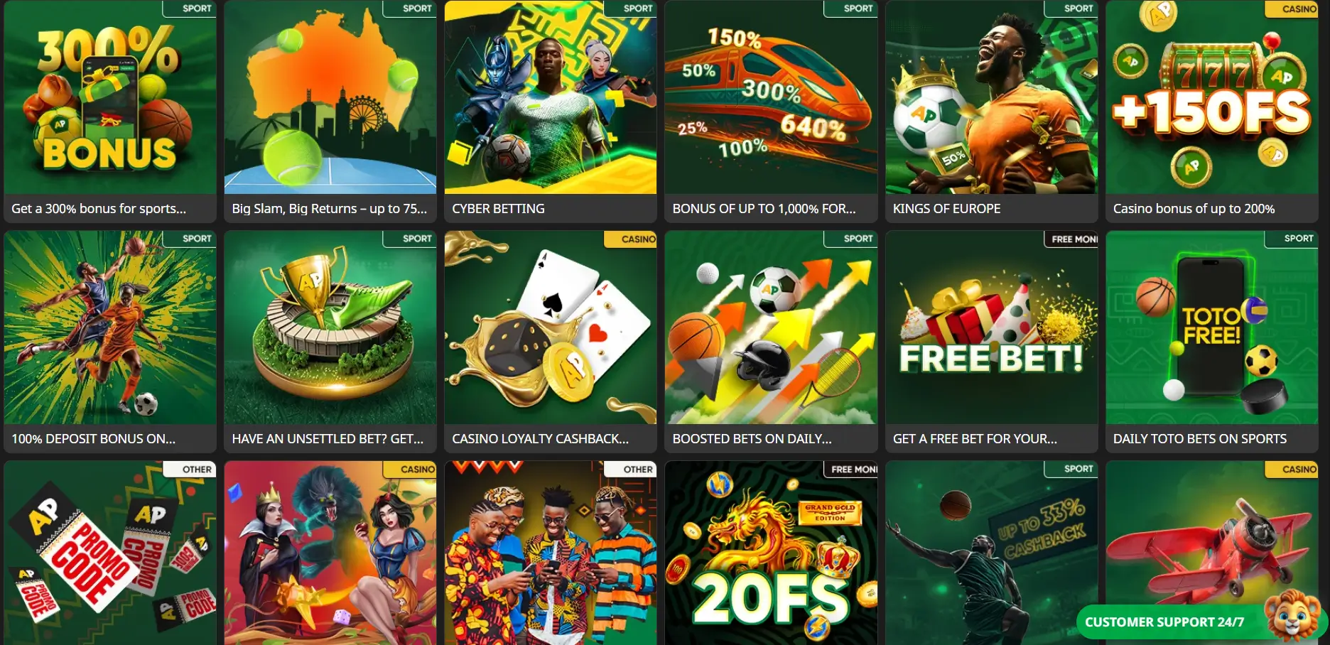 AfroPari promotions page with sports bonuses, free bets and cashback