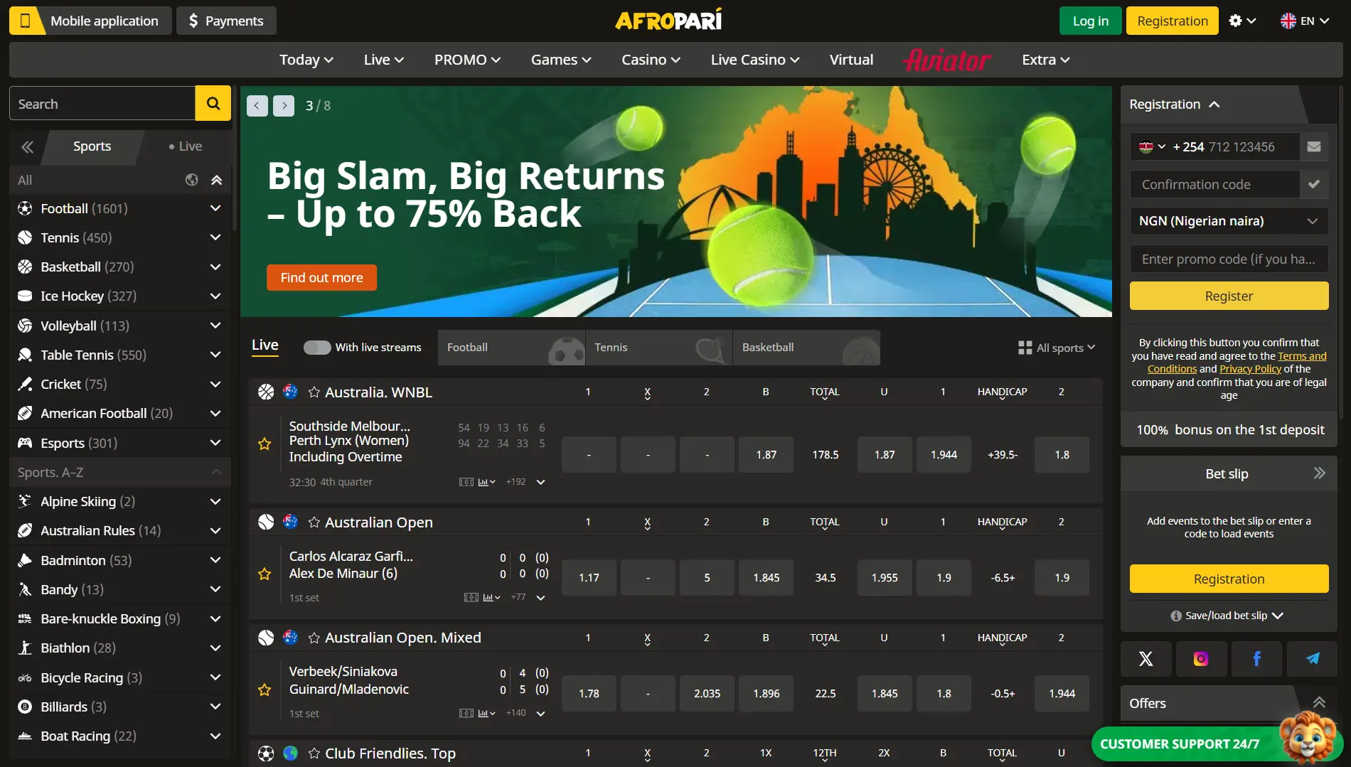AfroPari sportsbook interface with live odds, tennis and basketball